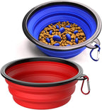 Collapsible Dog Bowls [2 Pack] 34 oz, Slow Feeder Bowl, Travel Dog Bowls Pet Portable Foldable Water Food Feeding Dishes with Carabiner Clip for Traveling Hiking Walking-Red & Blue