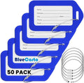 BlueCosto - Luggage Tags - Blue, 50 Pack - Suitcase Tags with Name ID Card & Heavy-Duty Metal Wire Loops - Bright Colored PVC Identifiers for Travel Baggage - Backpack Name Labels