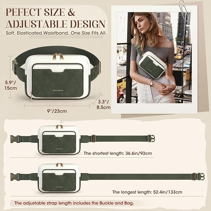 RAINSMORE Fanny Packs for Women, Leather Belt Bag Waterproof Everywhere Crossbody Waist Pack with Adjustable Strap Retro Sling Chest Bag for Work Running Travel Party, Dark Green with White