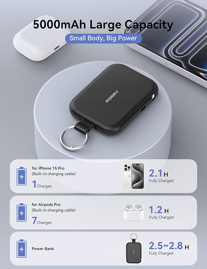 RORRY CharmGo Portable Charger, 5000mAh Portable Charger Power Bank with Built-in Cables, Travel Keychain Charger Battery Pack for iPhone 17/16/15/14/13/12, for AirPods 2/3/4/Pro, Black