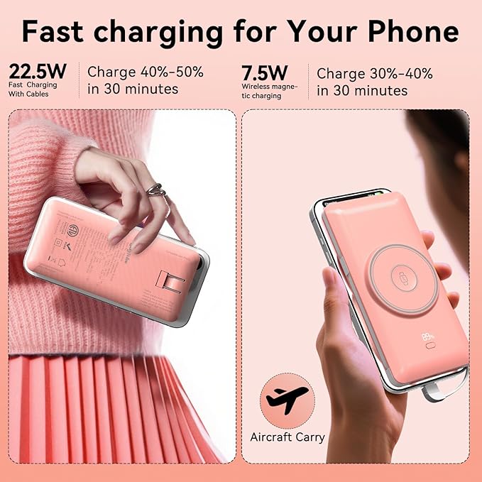 Magnetic 10000mAh Portable Charger for iWatch & iPhone, PD Fast Charging Wireless Power Bank Built-in Cables and Wall Plug, External Travel Battery Pack Compatible with iOS Android Phones