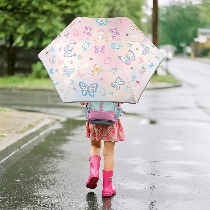 Kids Folding Umbrella Auto Open/Close Umbrellas for Rain Round Corner Safe Design UV Resistant Automatic Children Travel Umbrellas Reinforced Canopy 360° Reflective Strip Lightweight for Girls & Boys