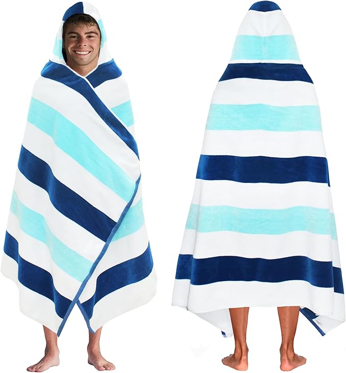 COTTON CRAFT Hooded Beach Towel - Oversized XXL 35x84 Towel with Hood for Adults - The Big Kahuna 7 Foot Beach Blanket Towel - Big & Tall Soft 100% Cotton Velour - Pool Bath Wrap - Cabana Stripe Blue