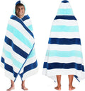 COTTON CRAFT Hooded Beach Towel - Oversized XXL 35x84 Towel with Hood for Adults - The Big Kahuna 7 Foot Beach Blanket Towel - Big & Tall Soft 100% Cotton Velour - Pool Bath Wrap - Cabana Stripe Blue