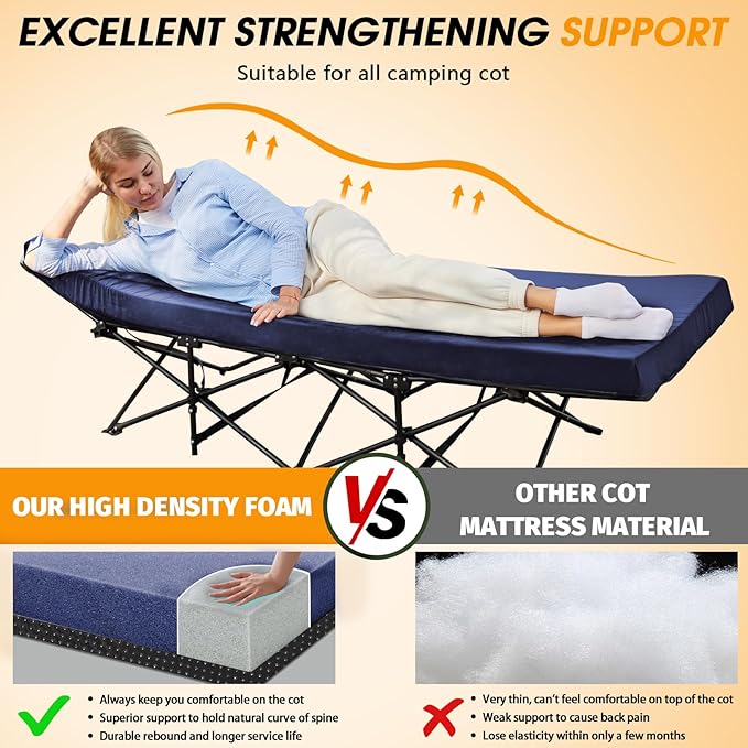 CYMULA Camping Cot Mattress 2in Memory Foam Sleeping Pad,Soft Warm Non-Slip Camping Mattress Topper with Retaining for Adults,Portable Roll up Pad for Travel（only Mattress）