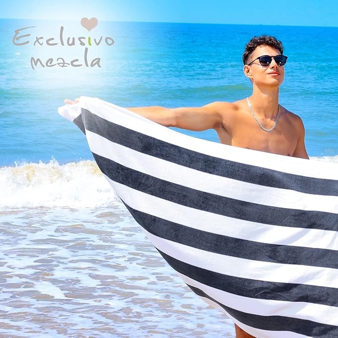 Exclusivo Mezcla 2 Pack Cotton Large 30x60 Inches Cabana Stripe Beach Towels, Super Absorbent Soft Plush Pool Bath Towel (Charcoal Grey)