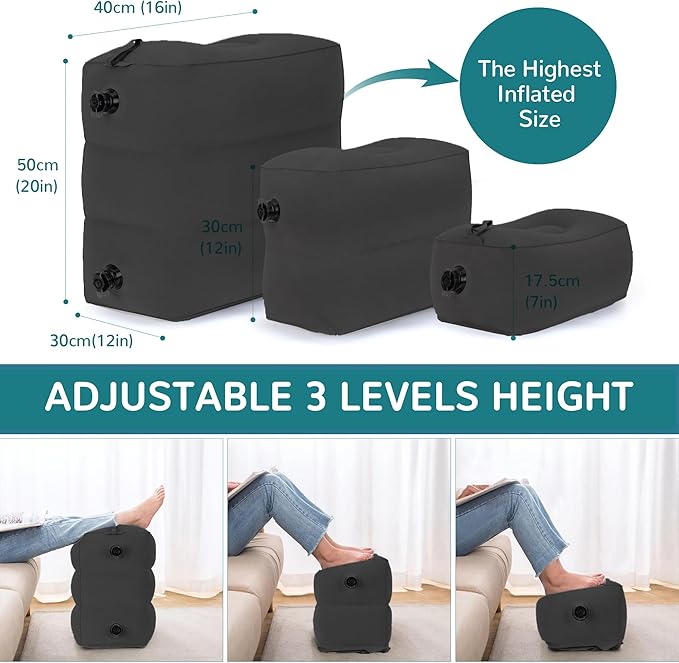 Inflatable Travel Foot Rest Pillow, Adjustable 3 Layers Height Leg Rest Pillow, Kids Airplane Bed, Adults Travel Essentials on Plane, Trains, Cars, Office, Home (Black, 1 PC)
