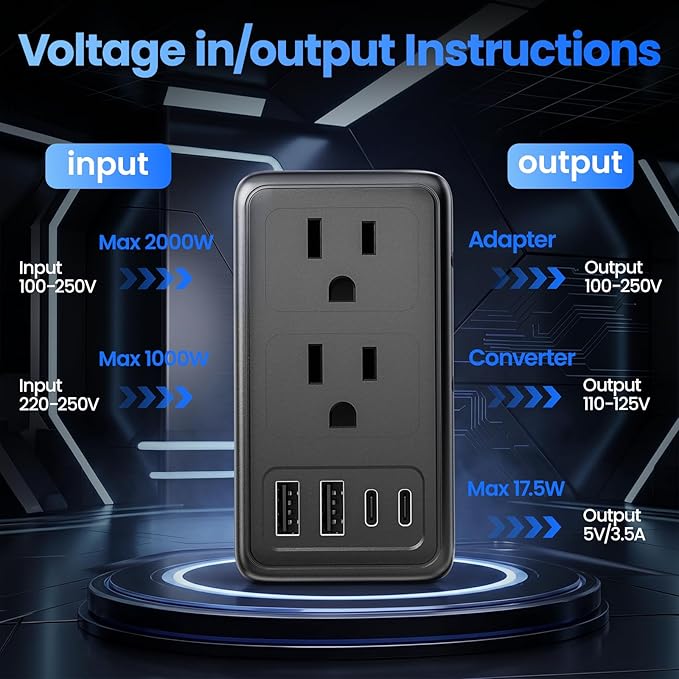 2000W 220V to 110V Voltage Converter US to Europe for Hair Dryer, Converter for European Travel, Travel Adapter with 2 USB A and 2 USB C Ports (Matt Black)