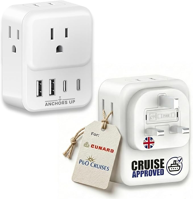 Cruise Approved UK Plug Travel Adapter for Cruise Ships – Non Surge 8-in-1 Multi Plug Extender with 4 AC Outlets, 2 USB & 2 USB-C Ports – Compact Cruise Essential for Cunard, P&O & More