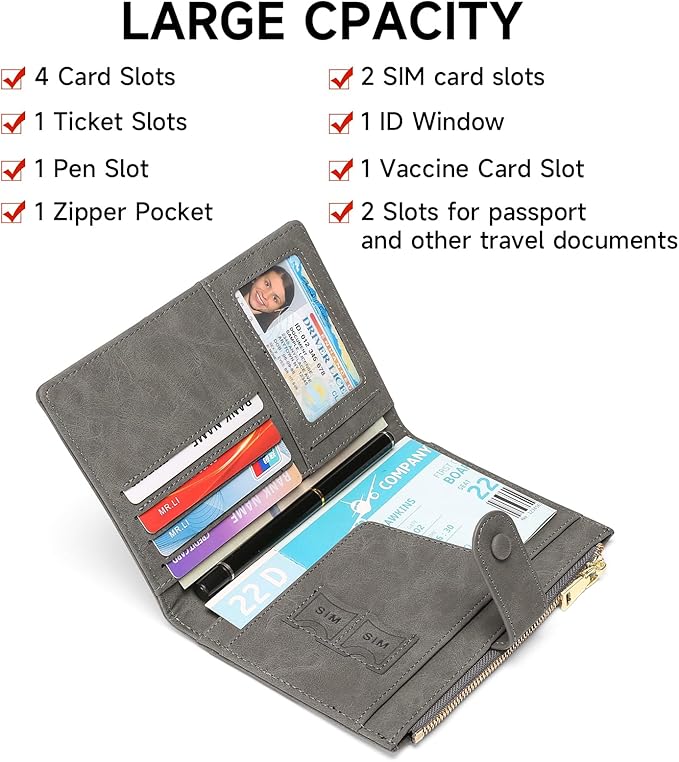 RFID Blocking Leather Passport Wallet Cover Case with Pen and Card Slots Travel Wallet for Women/Men Travel Must Haves Accessories