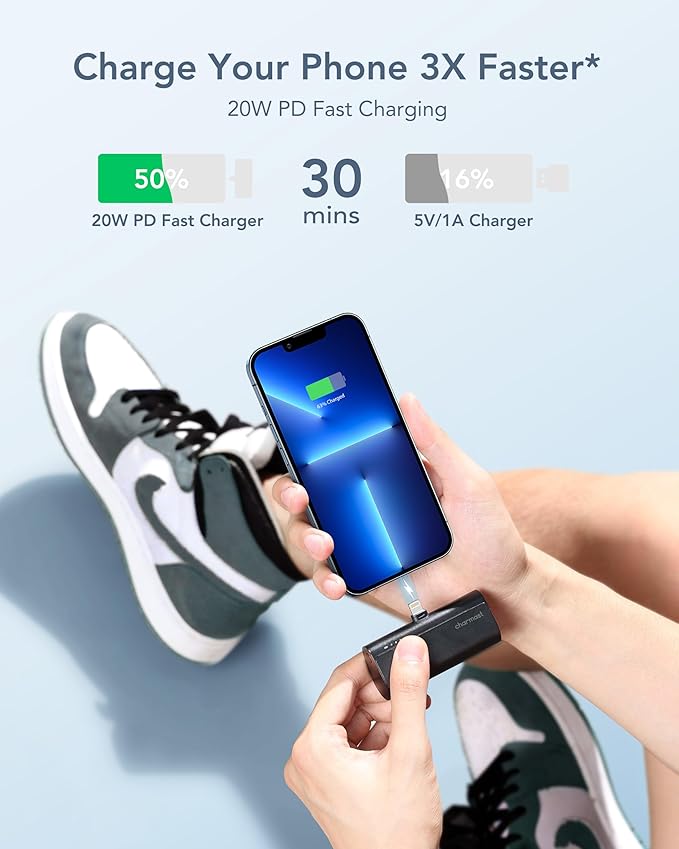 charmast Small Portable Charger for iPhone, Ultra-Compact 20W PD Fast Charging Power Bank 5000mAh, Mini Battery Pack for iPhone 14/14 Pro Max/13/13 Pro Max/12/12 Pro Max/11/XR/X/8/7/6 etc