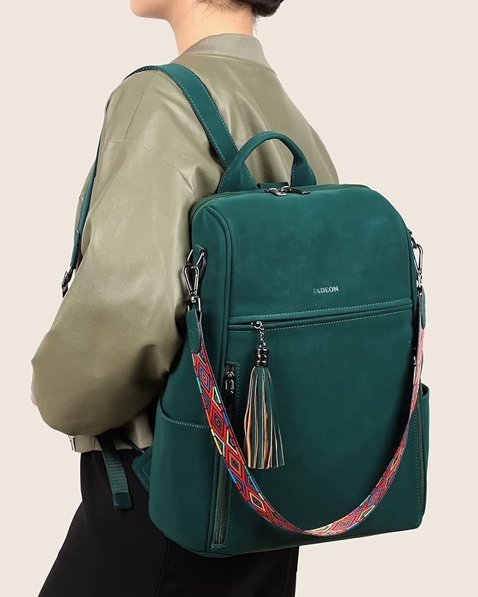 FADEON Leather Laptop Backpack for Women Designer 15.6 inch PU Laptop Bag, Ladies Travel Computer Work Backpack Green