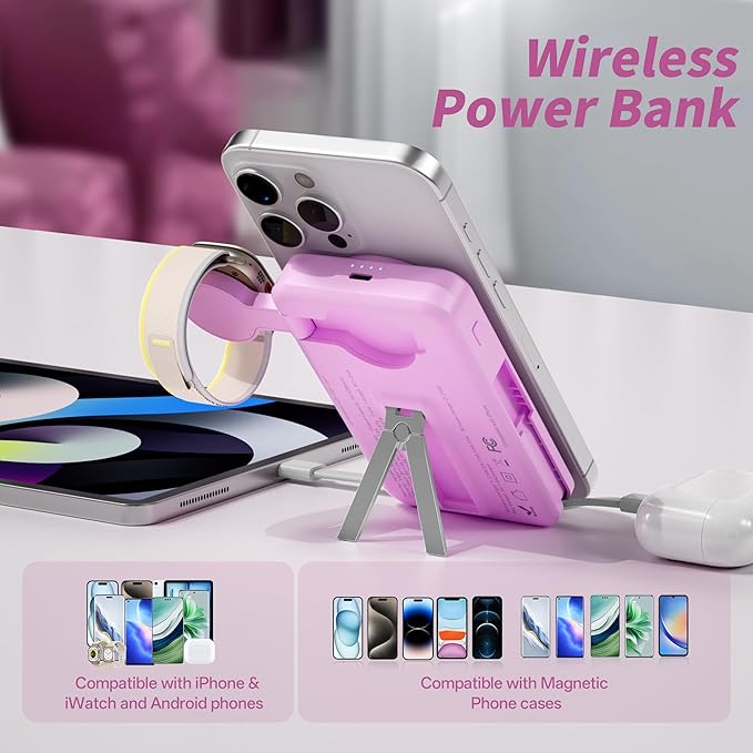 Magnetic Portable Charger Built-in Cables,10000mAh Fast Charging Wireless Charger Station External Battery Pack Slim Pocket Size Power Bank with Stand Compatible with iWatch, iPhone