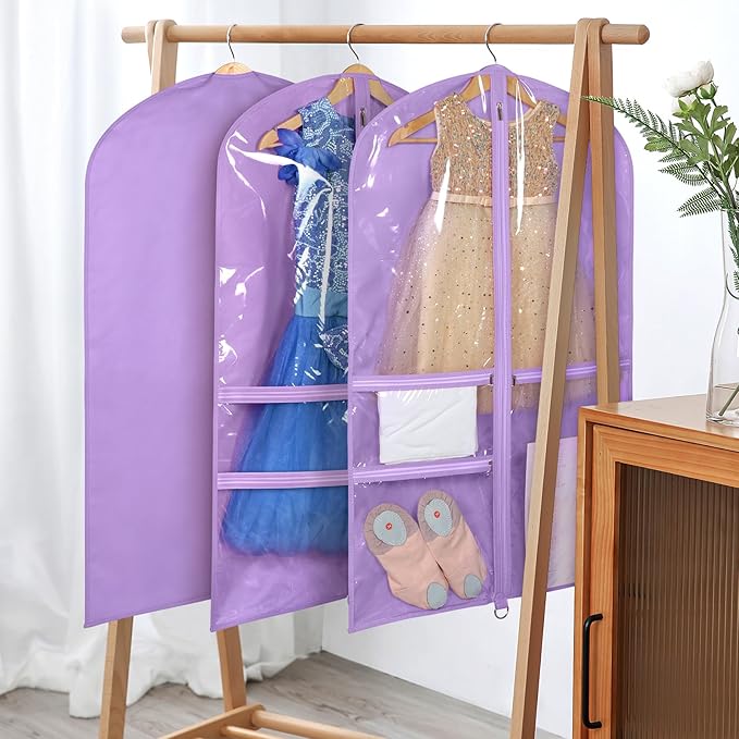 Univivi Kids Garment Bags for Dance Costumes With Full Zipper, Garment Bags for Hanging Clothes With 3 Medium Clear Zipper Pockets for Dance Costume Storage (Purple) - 8 Pack