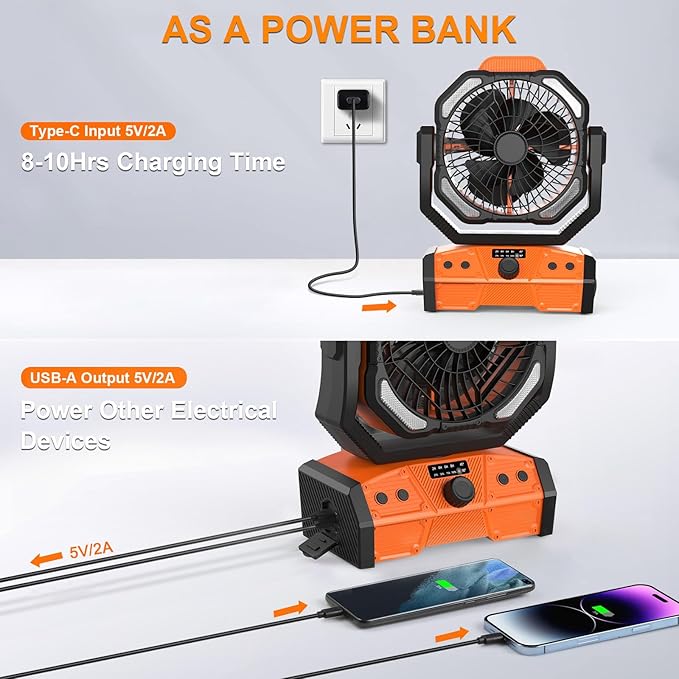 Portable Rechargeable Fan, 3-in-1 Camping Fan with 20000mAh Battery Powered, LED Lights, USB C, Remote Auto Oscillating for Indoor, Tent, Travel, Car, BBQ, Fishing, Camping Essentials