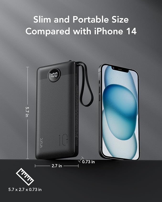 VRURC Portable Charger, 22.5W Slim Power Bank Fast Charging, 10000mAh USB C Portable Phone Charger, Compact Travel Battery Pack with Built-in Cables for iPhone 16 15 14 13, Samsung-Black(1 Pack)