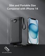 VRURC Portable Charger, 22.5W Slim Power Bank Fast Charging, 10000mAh USB C Portable Phone Charger, Compact Travel Battery Pack with Built-in Cables for iPhone 16 15 14 13, Samsung-Black(1 Pack)