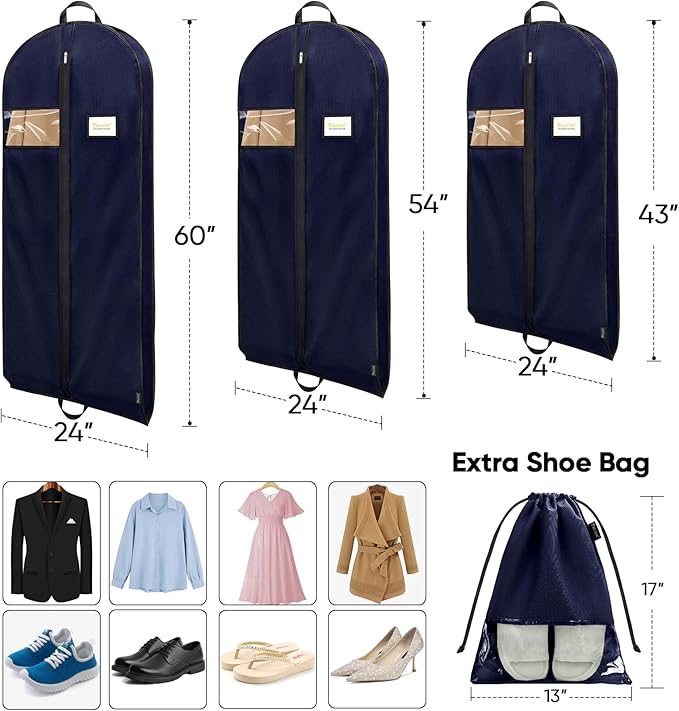 BALEINE 2PK Heavy Duty Garment Bag with Shoe Storage Travel Bag for Dresses, Suit, Coats Travel Essential (43", Blue)