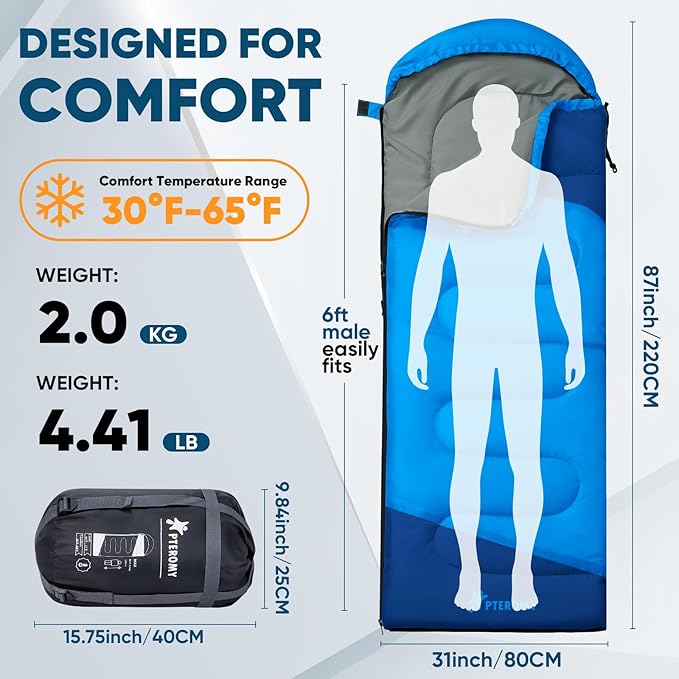 PTEROMY Sleeping Bags for Adults, Lightweight and Machine Washable, Water Resistant Backpacking Camping Sleeping Bag for Warm Cold Weather, Camping Essentials for Hiking Travel
