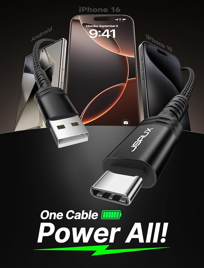 JSAUX USB C Cable [2-Pack 10ft], USB A to USB Cord Fast Charging for iPhone Air, iPhone 17, iPhone 17 Pro, iPhone 17 Pro Max, iPhone 16/iPhone 15 Series, Samsung S20 S10, Note 20 10, Car Play-Black