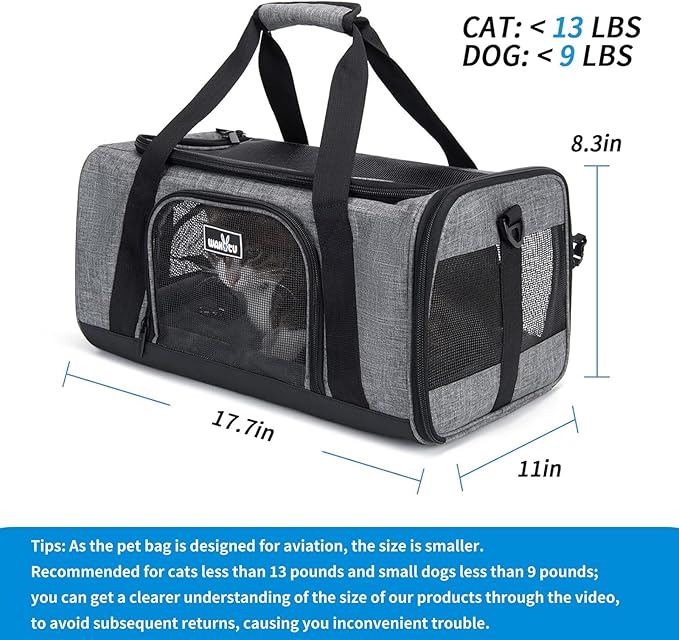 Wakytu Airline Approved Pet Carrier, TSA Approved Soft Sided Travel Bag for Small Dogs and Cats, 5 Mesh Windows & Padded Shoulder Strap for Plane Underseat, 17.7"x11"x8.3"