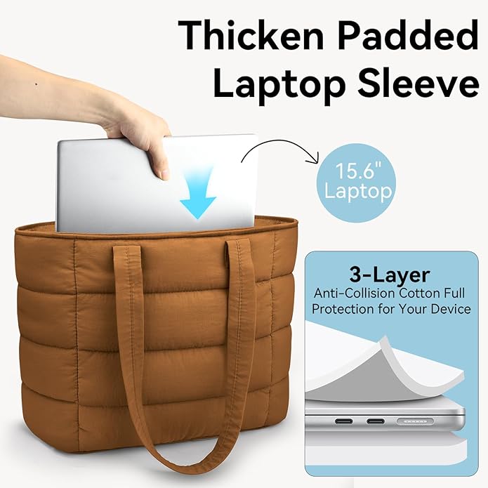 Puffer Tote Bag with Pouch,Women's Lightweight Quilted Shoulder Bag,15.6"/17.3" Laptop Travel Weekender for Work & Nurses