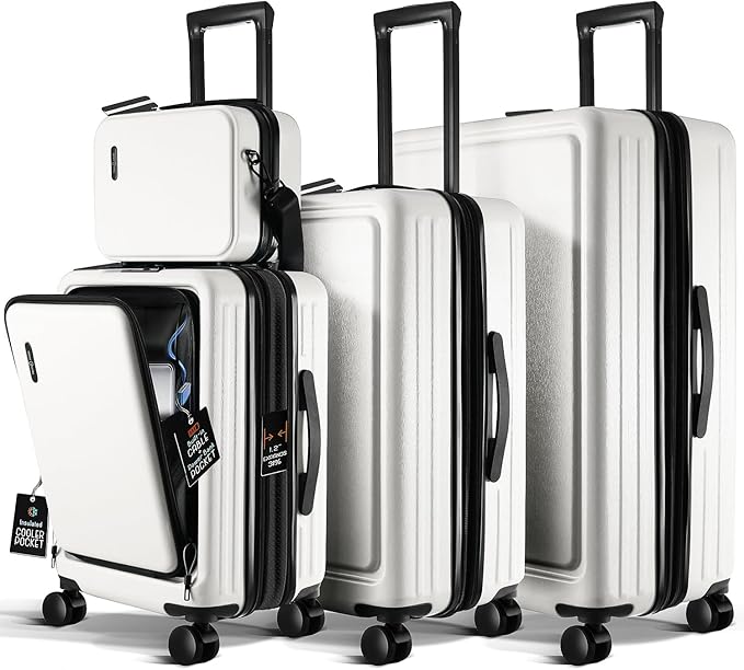 TRAVELARIM White Hardshell Luggage Sets 4 Piece, Durable Suitcase Set, Travel Luggage Set with Integrated TSA Lock, 360° Spinner Wheels, Expandable Medium and Large Checked Suitcase, 20/24/28 Inch