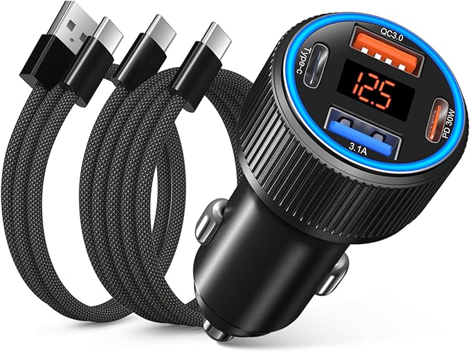 65W 4-Port USB C Super Fast Car Charger Type C for Samsung S26 S25 S24 Ultra A16 A17, iPhone 17/16e/16 Pro Max Dual 12V QC/PD 3.0 Fast Charging Cigarette Lighter Adapter with Voltmeter+2X USB C Cable
