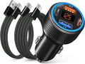 65W 4-Port USB C Super Fast Car Charger Type C for Samsung S26 S25 S24 Ultra A16 A17, iPhone 17/16e/16 Pro Max Dual 12V QC/PD 3.0 Fast Charging Cigarette Lighter Adapter with Voltmeter+2X USB C Cable