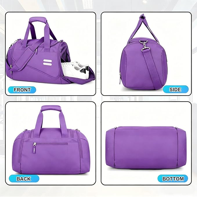 Gym Bag for Men & Women - 30L Duffel Bag with Shoe Compartment, Weekender Water Resistant Duffle Bag for Travel, Sports, Fitness & Workouts, Purple
