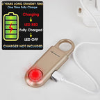 135dB Rechargeable Personal Safety Alarm Strobe Light Flashlight Keychain Siren for Women, Girls, College, School Students Emergency SOS Alerts Loud Sound Hiking Alarm Torchlight Bear Deterrent. Gold