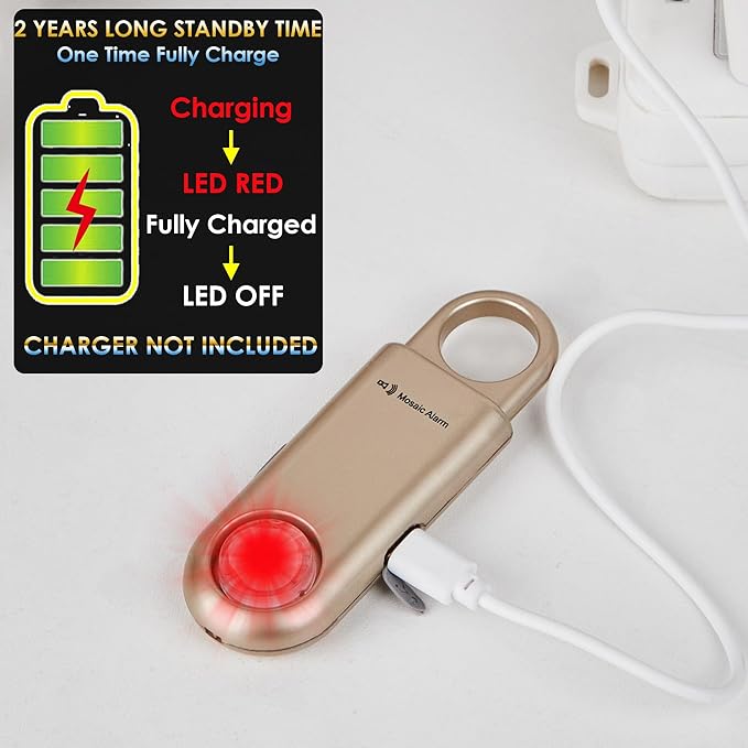 135dB Rechargeable Personal Safety Alarm Strobe Light Flashlight Keychain Siren for Women, Girls, College, School Students Emergency SOS Alerts Loud Sound Hiking Alarm Torchlight Bear Deterrent. Gold