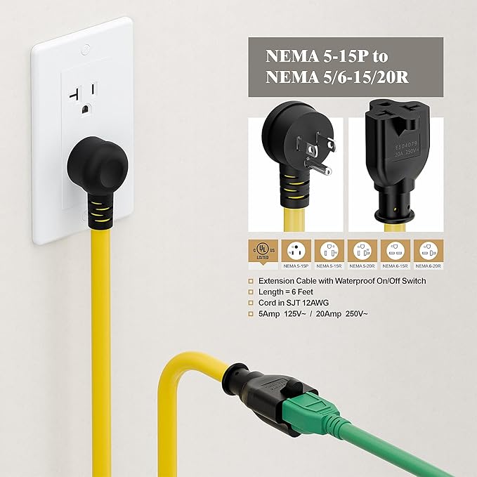 Right Angle Four-in-One 12AWG Heavy Duty 15 Amp Household AC Plug to 20 Amp T Blade Adapter Cable,5-15P to 5-20R/6-15R/6-20R, 4 in 1,15A 125V to 20A 250V Adapter Cable 6FT