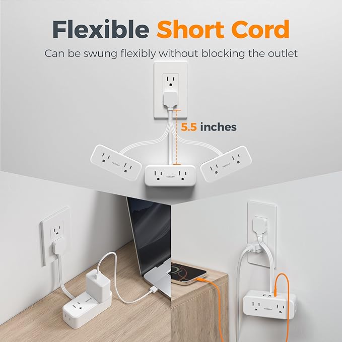 TESSAN Short Extension Cord 0.5Ft, Flat Plug Outlet Extender Surge Protector with 4 Widely AC with 3 USB Ports (1 USB C), Multi Plug Small Power Strip for Travel, Home, College Dorm Essentials, White