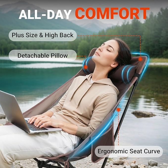 Overmont Portable High-Back Camping Chair - 440LBS Support Oversized Lightweight Folding Backpacking Chair for Adults - Compact with Detachable Pillow for Outdoor Travel Hiking Beach Fishing