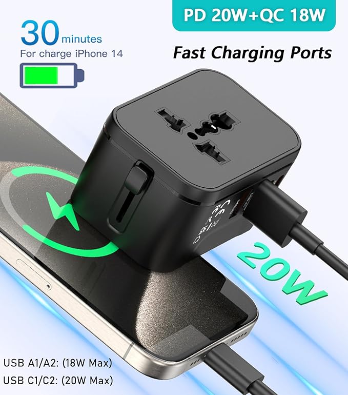 European Travel Plug Adapter, Travel Power Strip for US to EU France Germany Iceland Spain Italy, International Power Adaptor with 2 USB C, 2 USB A and Multi AC Outlets, Travel Essentials