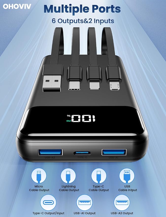 Portable Charger, 50000mAh Power Bank with Built in Cables, 22.5W Fast Charging Battery Pack, Portable Phone Charger for Travel Camping Essential,PowerBank Compatible with iPhone 17/16/15/14, Samsung