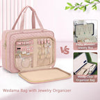Wedama Toiletry Bag for Women, Hanging Travel Toiletry Bag with Jewelry Organizer Compartment Large Makeup Bag, PVC Waterproof Cosmetic Travel Bag for Travel Business Trips Camping Bathroom, Pink