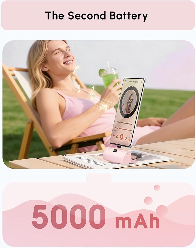 Lightweight Pink USB C Power Bank Portable Charger 5000mah with Kickstand for iPhone 17,Type-c Battery Pack Charger with Digital Display for iPhone 16/Samsung/Android phones, Pinky Gift for Her Phones