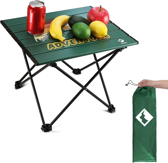 VILLEY Portable Camping Side Table, Ultralight Aluminum Folding Table with Mountain Silhouette Print and Carry Bag for Camping, Picnic, Beach, Travel
