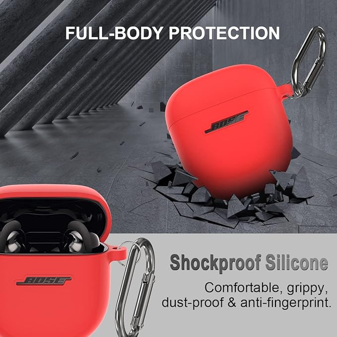 Silicone Case for Bose QuietComfort Earbuds II (2022) & QuietComfort Ultra (2023), Shockproof Protective Cover With Keychain for Men Women (Red)