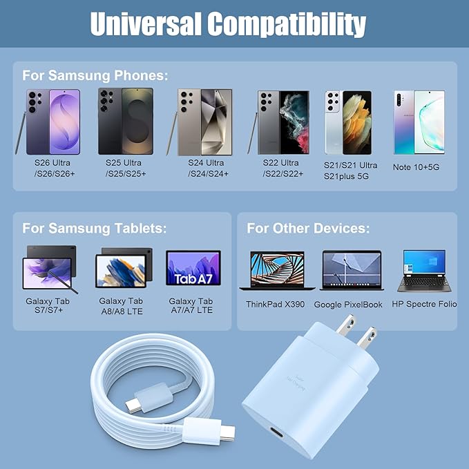 Super Fast Charger Type C,25W USB C Wall Charger Fast Charging Block &8Ft Cable Cord for Samsung Galaxy S26/S25/S24 Ultra/S24/S24+/ S23Ultra/S23/S23+/S22/S22 Ultra/S22+/S21 Ultra/S20 Ultra/Note 20/10