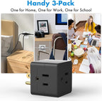 POWERCORDS 3 Power Blocks Outlet Splitter, 3 Pack, Grounded Wall Tap, 3-Prong Plug Adapter AC Multi Plug Wall Outlet, Power Splitter, Cruise Essentials, for Home Office School Dorm, UL Listed,Black