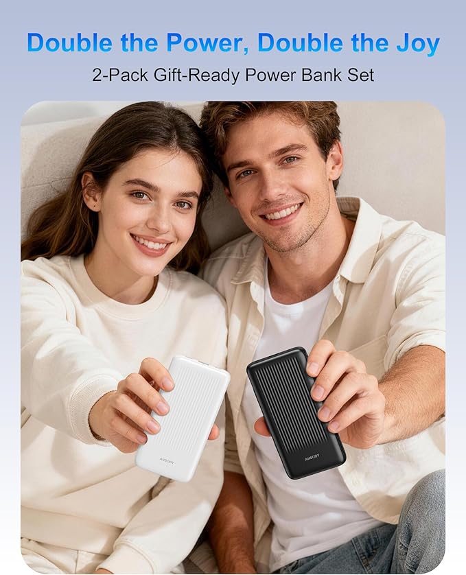 2-Pack Portable Charger, 10000mAh 22.5W Slim USB C Power Bank Fast Charging with 2 Outputs & 2 Inputs, Digital Display Battery Pack Compatible with iPhone Samsung iPad Tablets, Black & Black