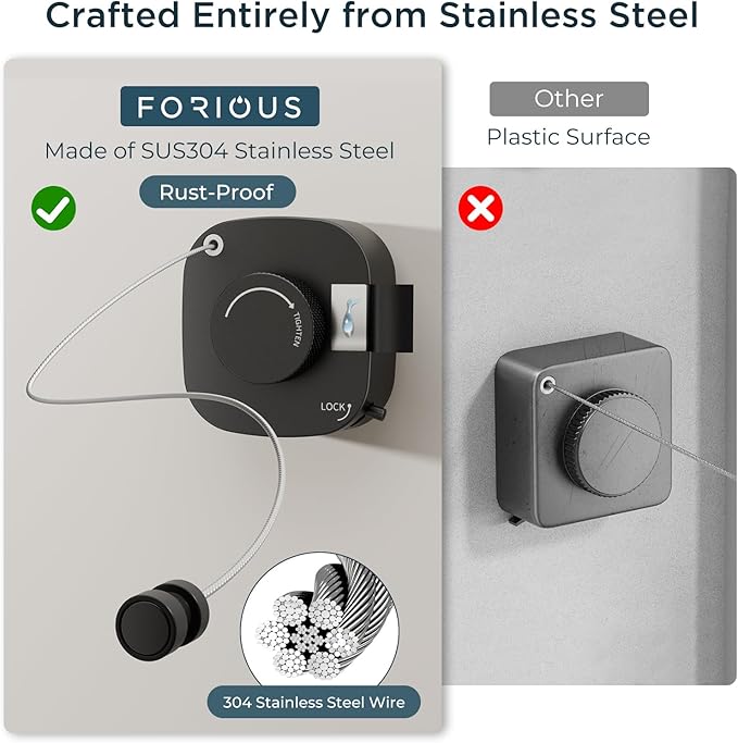 FORIOUS Retractable Clothesline Indoor 13.8 Ft, 304 Stainless Steel Non-Sagging Outdoor Clothes Line,Rustproof Heavy Duty Clothes Drying Laundry Line, Screw Wall Mounted for Bathroom, Matte Black