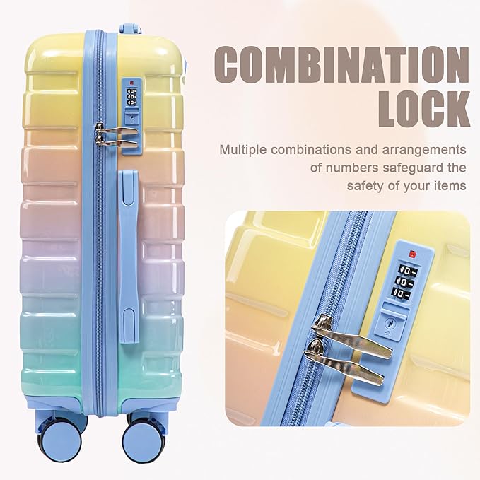 20 Inch Carry on Luggage with 14 Inch Cosmetic Case, 2 Pcs Hardshell Lightweight Durable Spinner Suitcase Set for Travel, Women, Men, TSA Lock, ABS, 20+14 Inch (Blue Yellow)