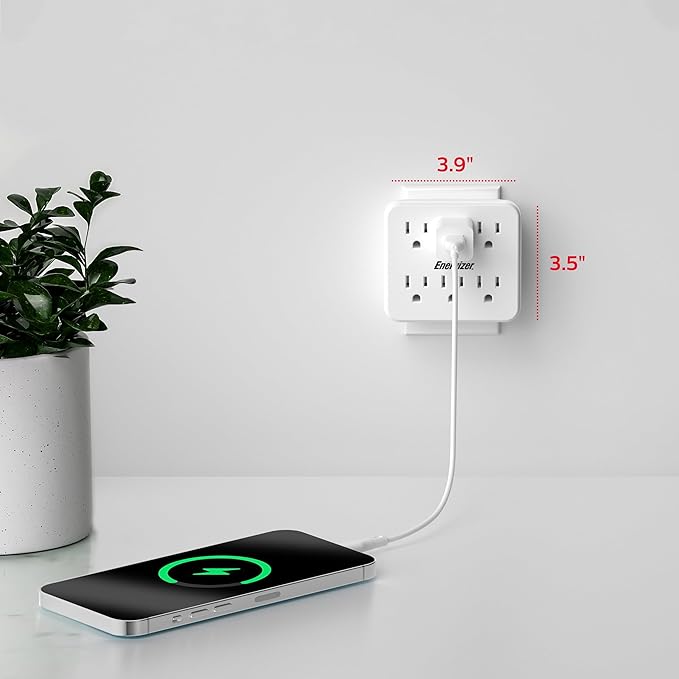 Energizer 6 Device Multi Plug Wall Outlet Extender (6) AC Power Outlets Grounded Power Strip Expander Outlet Splitter Plug in Adapter