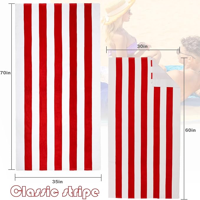 Exclusivo Mezcla 2 Pack Cotton Oversized 35x70 Inches Cabana Stripe Beach Towels, Super Absorbent Soft Plush Pool Bath Towel (Red)