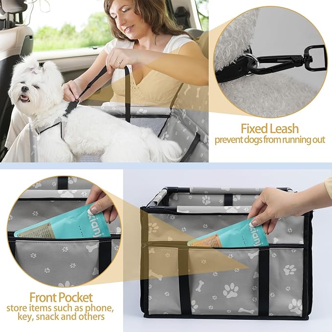Dog Car Seat Foldable Dog Car Booster Seat Waterproof Breathable Oxford Travel Bag for Small to Medium Dogs, Puppies, and Pets-Pattern Grey-Upgrade