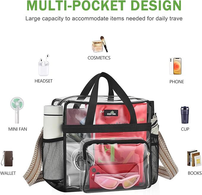 MAY TREE Clear Bag for Stadium Events, 12x6x16 Clear Tote Bag with Removable Strap, Transparent Bag for Concert Sports Gym, White Guita-Strap